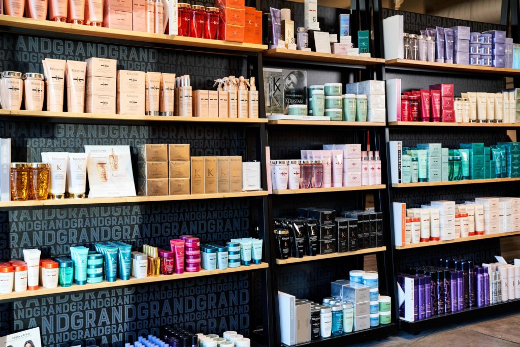 Product shelves at Grand Salon