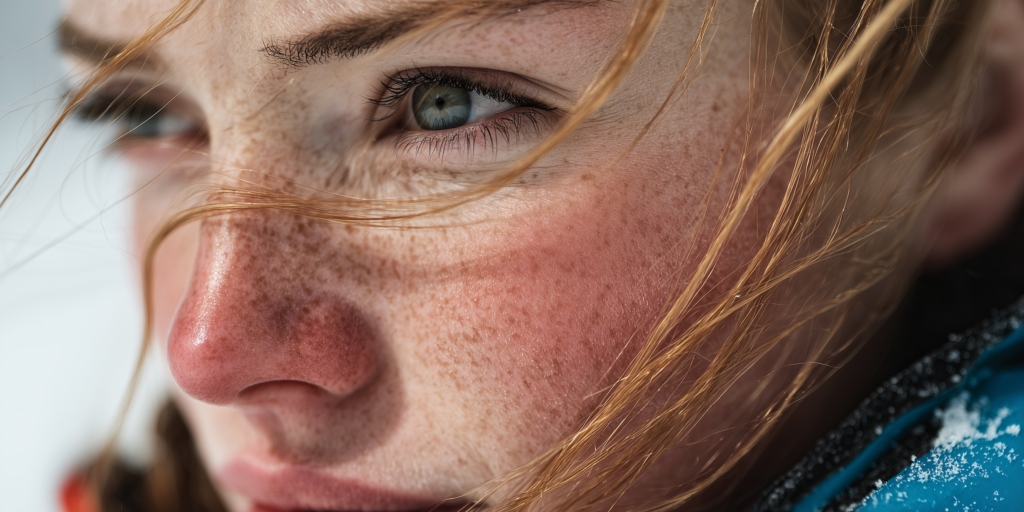 Closeup of a young woman in winter with windblown hair and skin.