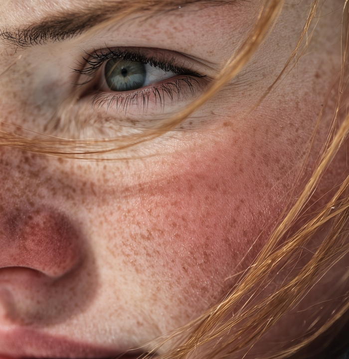 Closeup of a young woman in winter with windblown hair and skin.